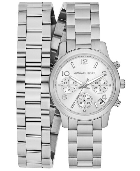 Women's Runway Chronograph Silver-Tone Stainless Steel Double Wrap Bracelet Watch 34mm