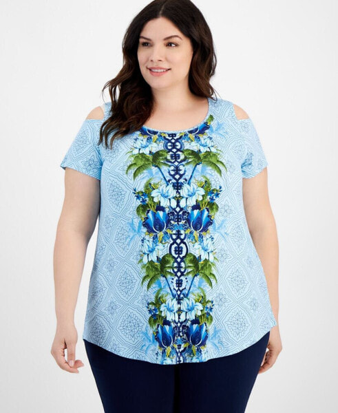 Plus Size Julia Jungle Cold-Shoulder Top, Created for Macy's