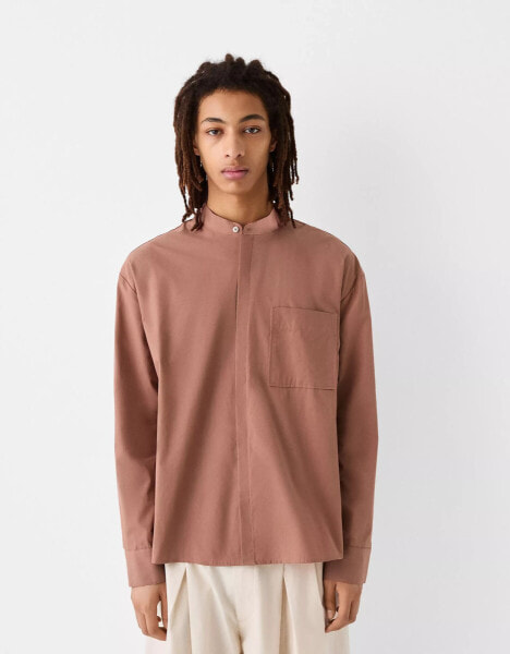 Bershka Collection grandad collar shirt in brown