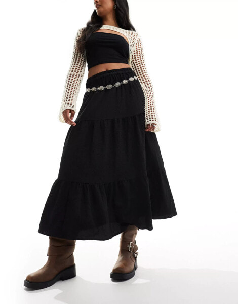 New Look tiered midi skirt in black