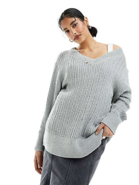 Weekday Farila oversized v neck ladder knit jumper in light grey