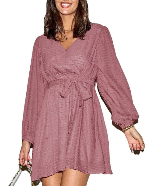 Women's Rose Surplice Blouson Sleeve Mini Beach Dress