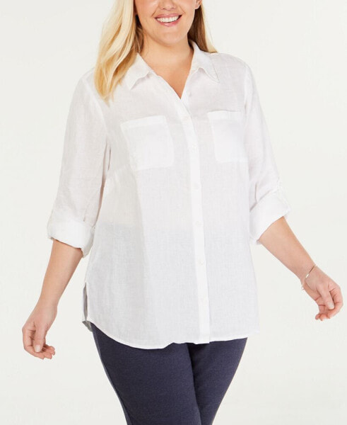 Plus Size 100% Linen Roll-Tab Shirt, Created for Macy's