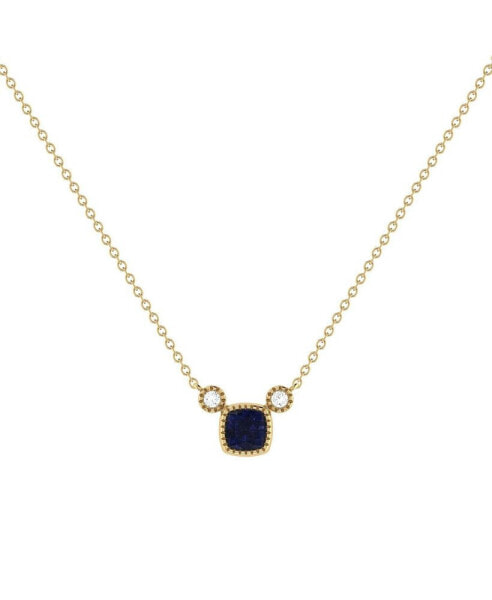 Cushion Sapphire Gemstone Round Natural Diamond 14K Yellow Gold Birthstone Necklace