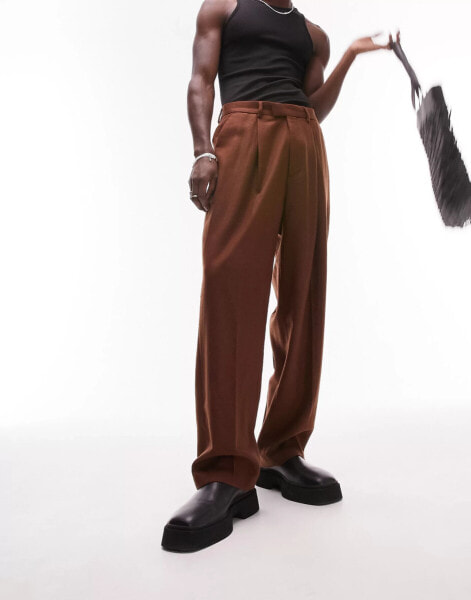 Topman wide leg wool mix trousers in brown