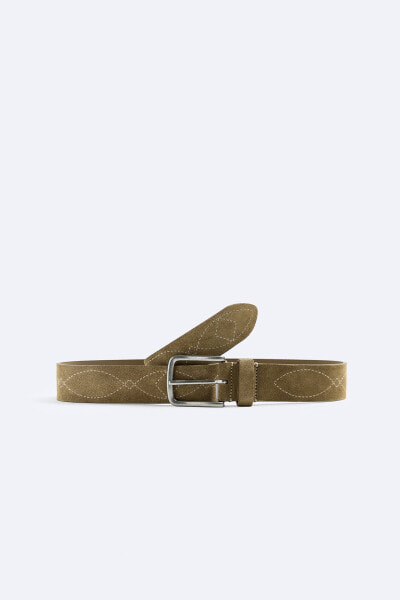 Embroidered split leather belt