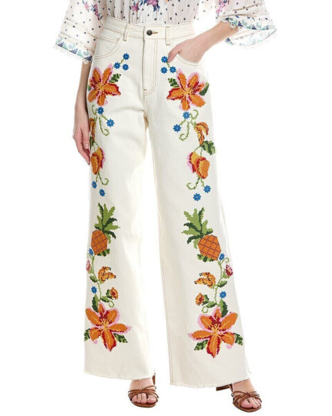 Farm Rio Embroidered Floral Twill Pant Women's White Xl