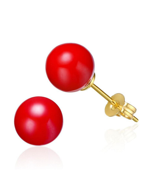 14k Yellow Gold Plated Stud Earrings with Red Enamel Round Pearl for Kids