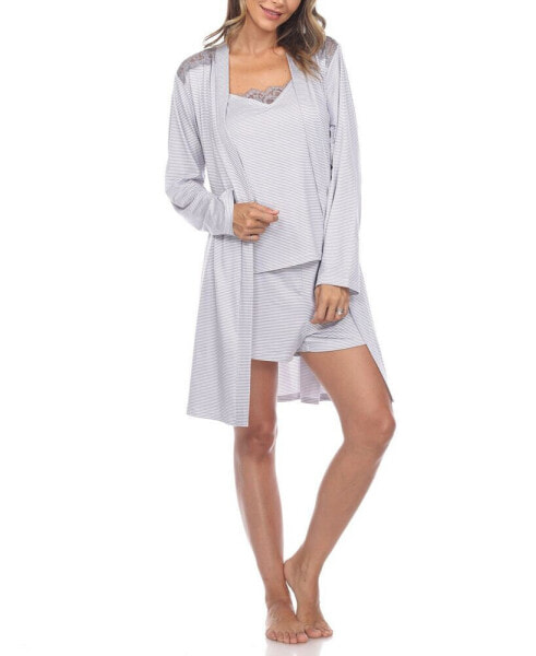 Women's 3 Piece Striped Pajama Robe Set