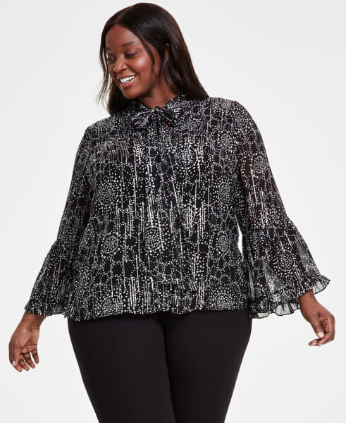 Plus Size Printed Tie-Neck Blouse