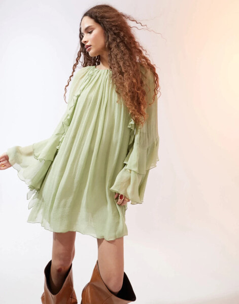 Mango ruffle and pleat front woven mini dress in pistachio