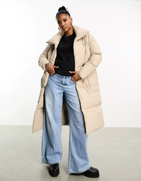 Threadbare Treacle shawl collar oversized puffer coat in stone