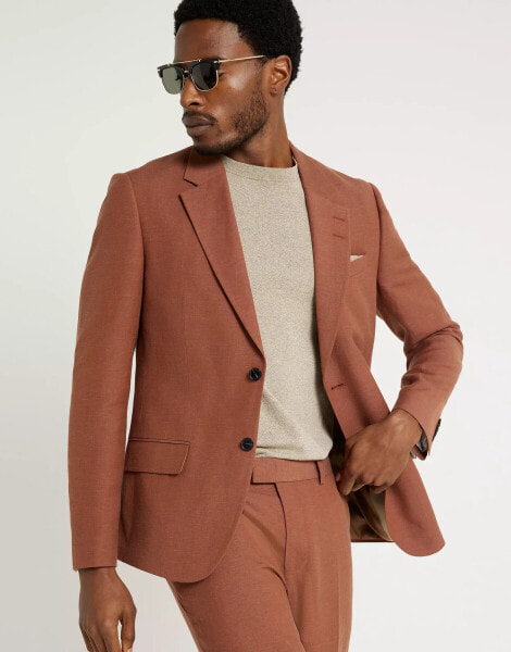 River Island linen slim suit jacket in rust