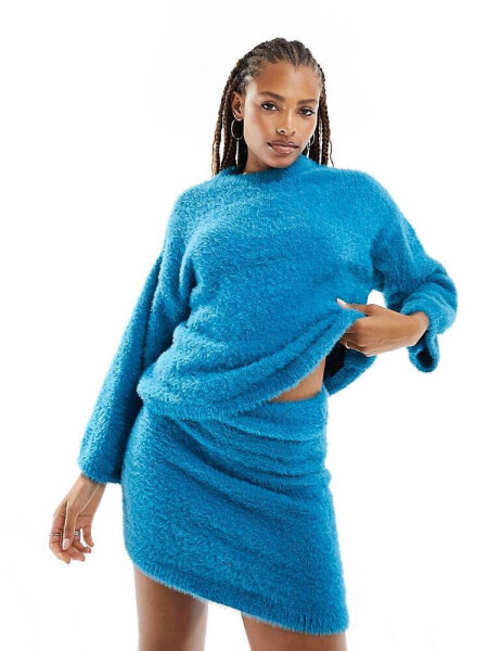 Only oversized wide sleeve fluffy jumper co-ord in bright blue