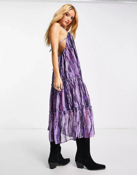 Violet Romance tiered halter neck midi dress in tie dye