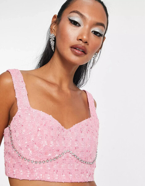 ASOS DESIGN – Kurz geschnittenes Oberteil aus Bouclé in Rosa mit Strass, Kombiteil