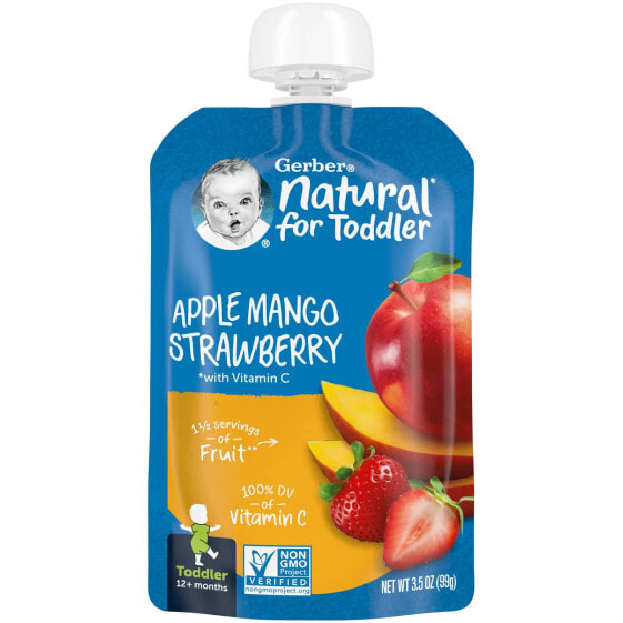 Gerber, Натуральное для малышей от 12 месяцев, яблоко, манго и клубника с витамином C, 99 г (3,5 унции)