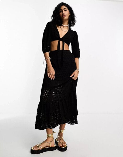 IIsla & Bird broderie maxi tiered beach skirt co-ord in black