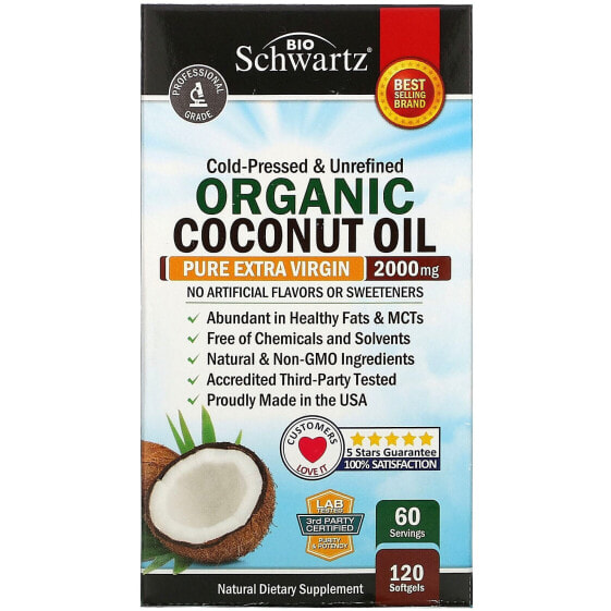 Organic Cold Pressed Coconut Oil, Pure Extra Virgin, 2,000 mg, 120 Softgels (1,000 mg per Softgel)