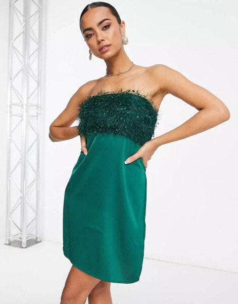 Lola May bandeau mini dress with tinsel detailling in green