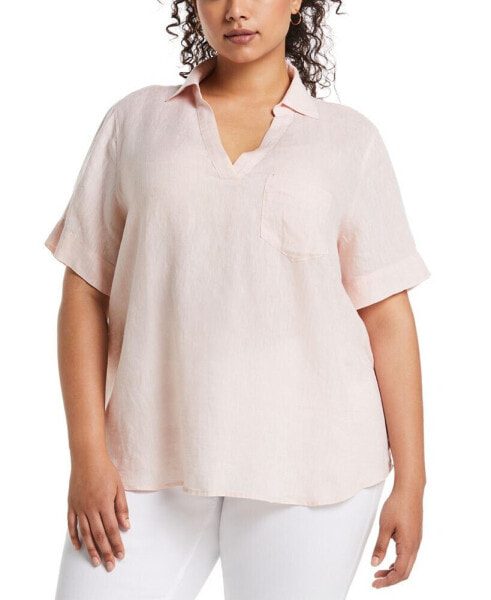 Plus Size Stripe Split Neck Linen Short Sleeve Top