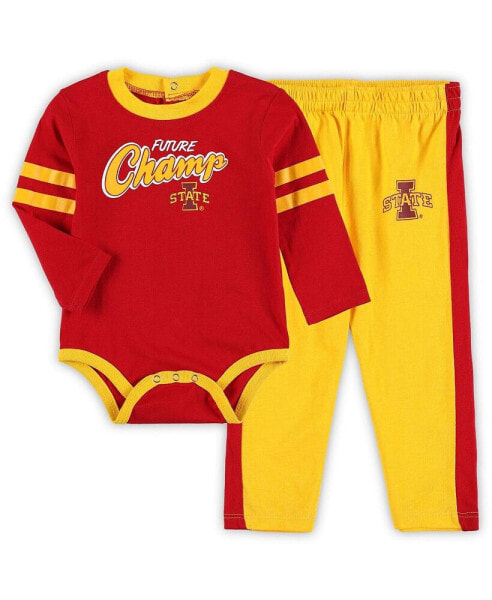 Infant Boys and Girls Cardinal, Gold Iowa State Cyclones Little Kicker Long Sleeve Bodysuit and Sweatpants Set