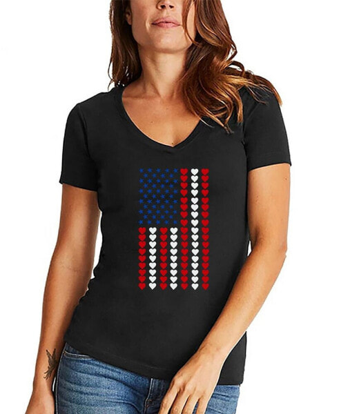 Women's Word Art Heart Flag V-Neck T-Shirt