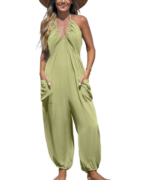 Women's Plunge Halter Jogger Jumpsuit