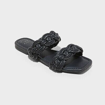 Women's Sarafina Woven Two-Band Slide Sandals - A New Day Black 9.5
