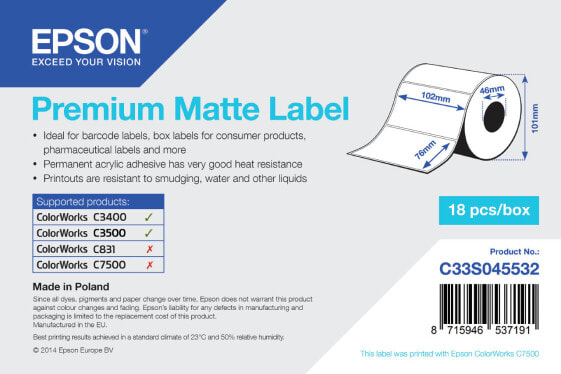 Epson Premium Matte Label - Die-cut Roll: 102mm x 76mm - 440 labels - White - Inkjet - Acrylic - Permanent - Matte - Epson TM-C3400BK Epson TM-C3400-LT Epson ColorWorks C7500G Epson ColorWorks C7500 ColorWorks...