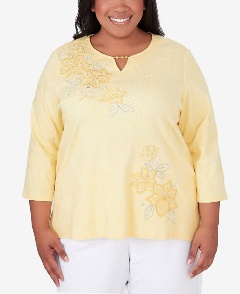 Plus Size Charleston Three Quarter Sleeve Top with Embroidered Floral Details