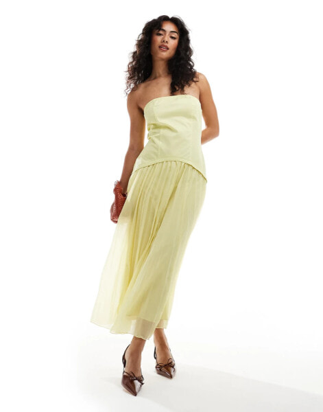 ASOS DESIGN twill bandeau and chiffon pleated midi dressin washed lime