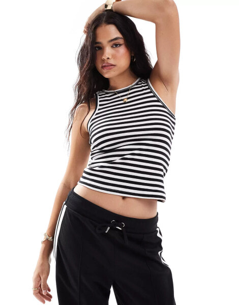 Pieces ribbed racer neck top in mono stripe