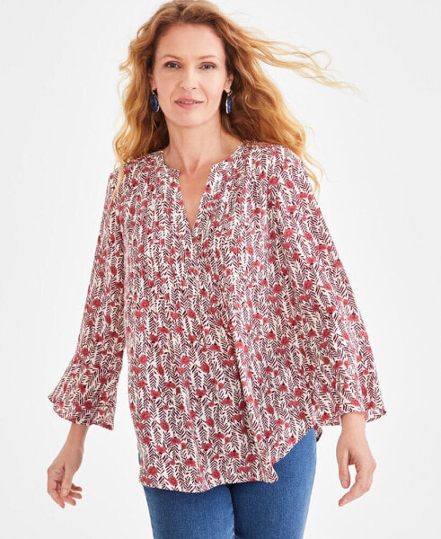 Women's Printed Pintuck Ruffle Sleeve Top, Created for Macy's