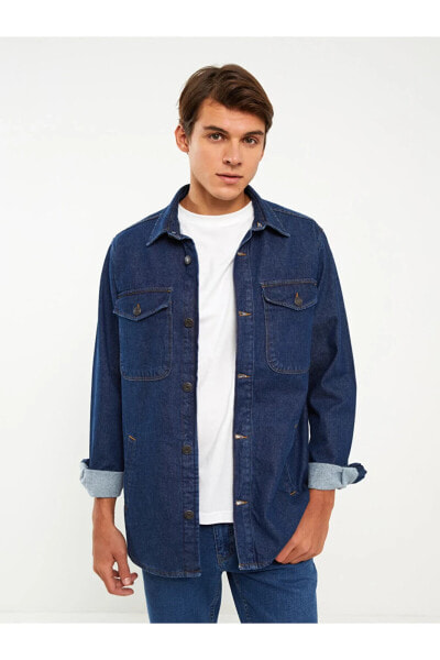Standart Kalıp İçi Şardonlu Gömlek Yaka Erkek Jean Ceket