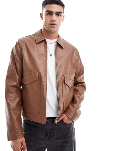 ASOS DESIGN faux leather harrington jacket in brown