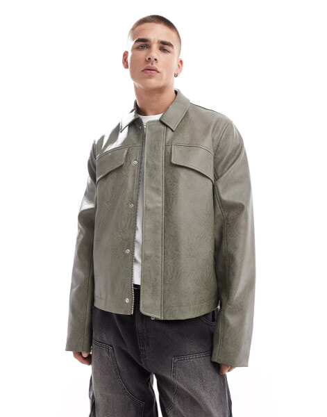 ASOS DESIGN faux leather harrington jacket in washed green