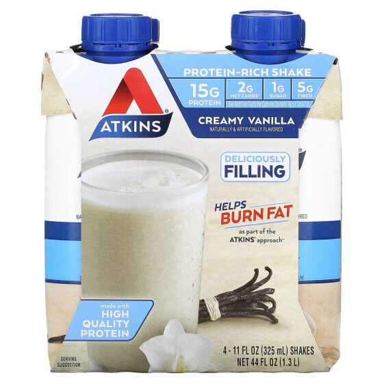 Atkins, Насыщенный протеином коктейль, кремовая ваниль, 4 коктейля, по 325 мл (11 жидк. Унций)