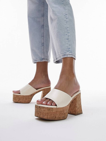 Topshop Isabelle platform cork heel mule in off white 