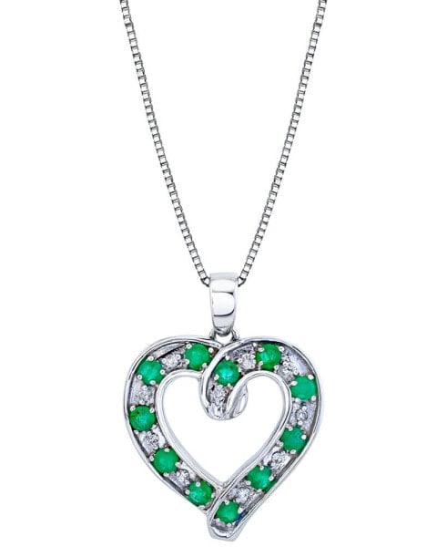 Emerald (7/8 ct. t.w.) & Diamond (1/10 ct. t.w.) Heart 18" Pendant Necklace in Sterling Silver