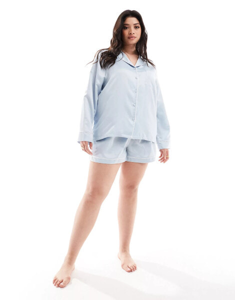 Loungeable Curve Bridesmaid satin long sleeve shirt & short set in blue