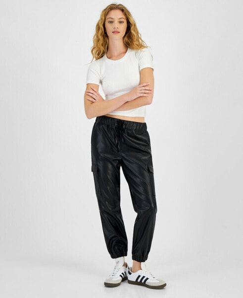 Juniors' Faux-Leather Cargo Jogger Pants