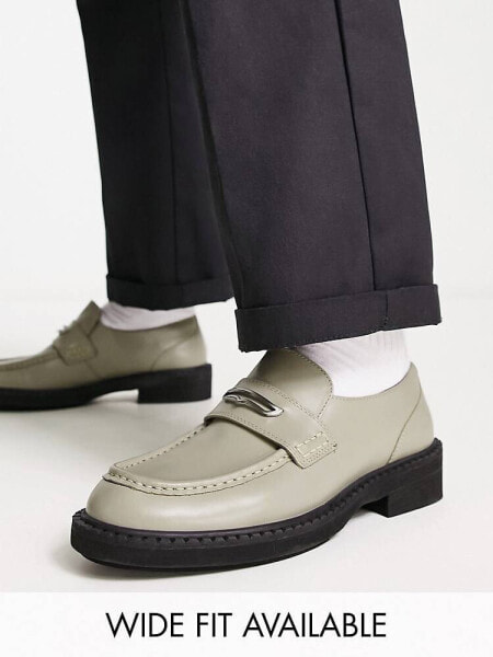 ASOS DESIGN chunky loafers in sage leather with black contrast sole