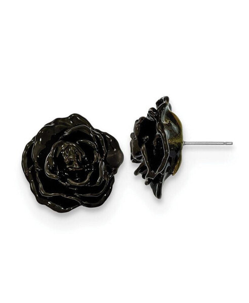 Lacquer Dipped Black Real Rose Silver-tone Post Earrings