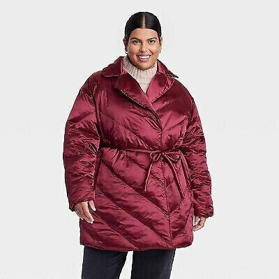 Women's Plus Size Puffer Jacket - Ava & Viv Berry Red 2X