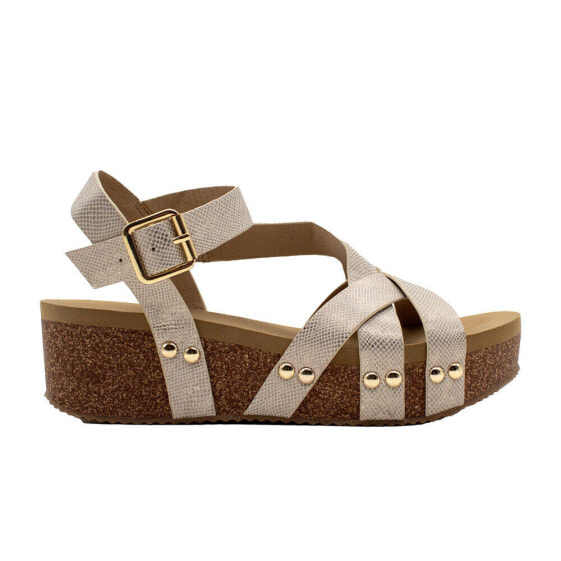Volatile Sandcastle Metallic Ankle Strap Wedge Womens Beige Casual Sandals PV10