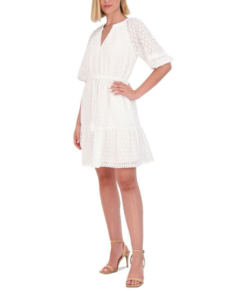 Women's Eyelet Balloon-Sleeve Tasseled-Drawstring Dress