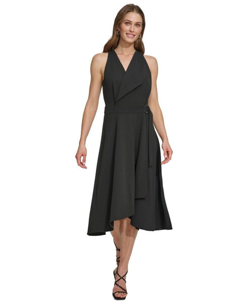 Women's V-Neck Belted Sleeveless A-Line Dress