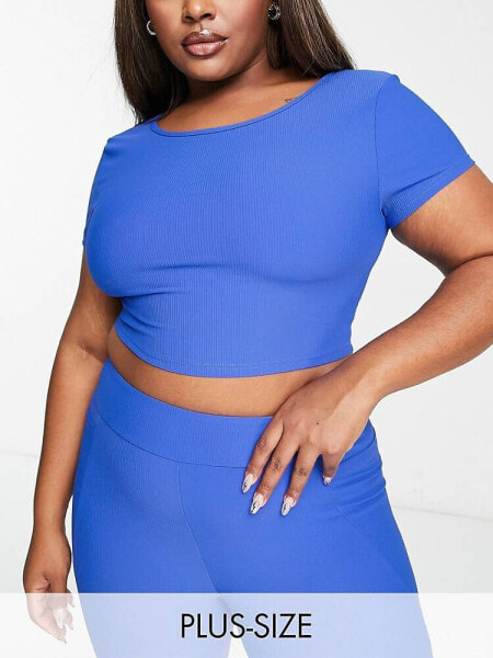 South Beach Plus rib cap sleeve crop top in colbalt blue