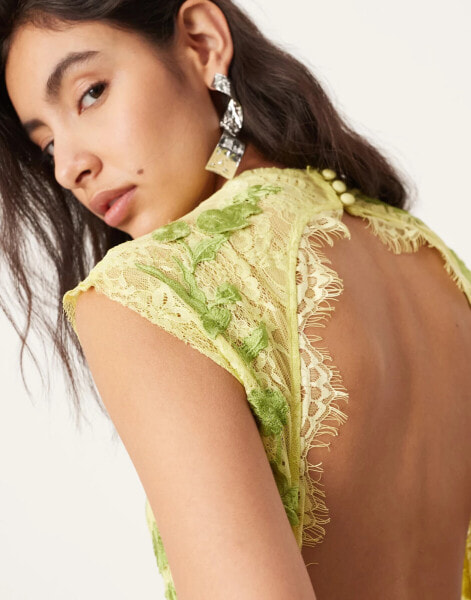 ASOS EDITION embroidered floral lace open back maxi dress in lime green